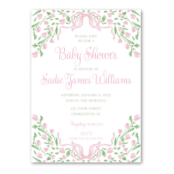 Pink Flower Bow Shower Invitations