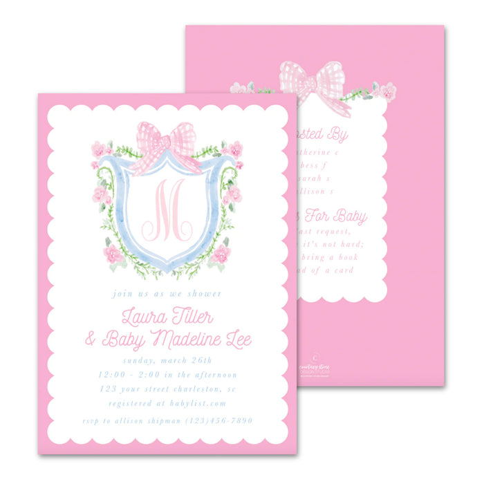 Pink Gingham Bow Crest Shower Invitations