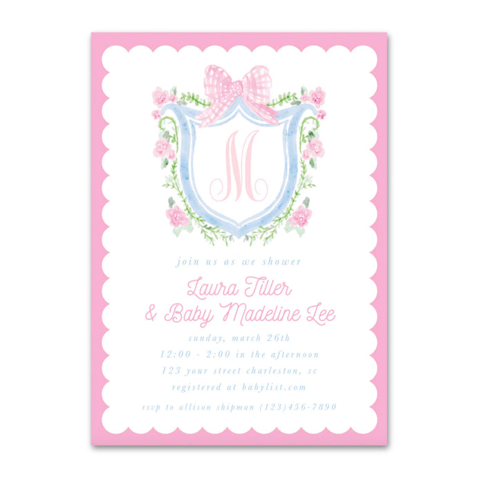 Pink Gingham Bow Crest Shower Invitations