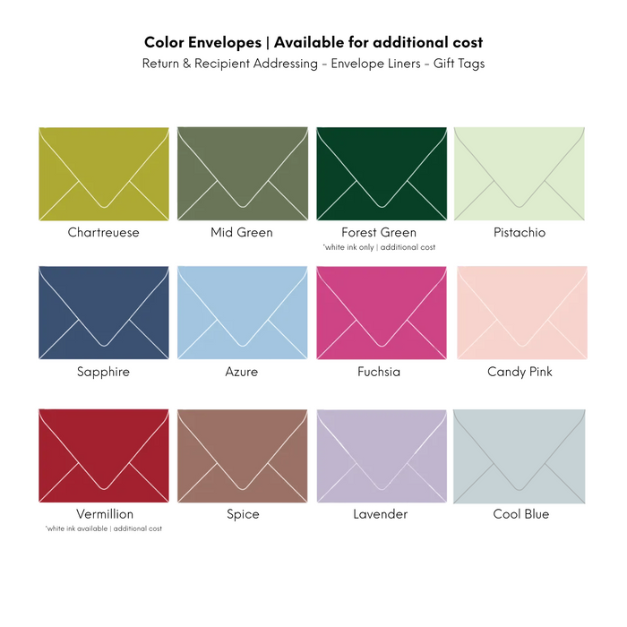 a collection of color envelopes available for an additional cost, including return and recipient addressing, envelope liners, and gift tags.