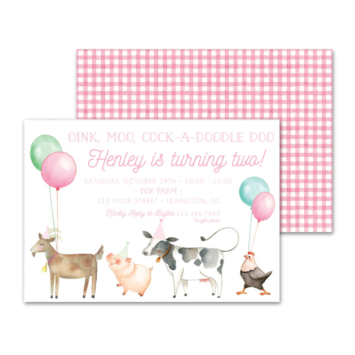 Oink, Baa, Moo Birthday Invitations - Pink