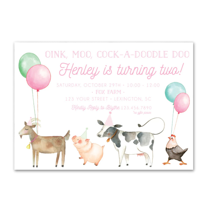 Oink, Baa, Moo Birthday Invitations - Pink