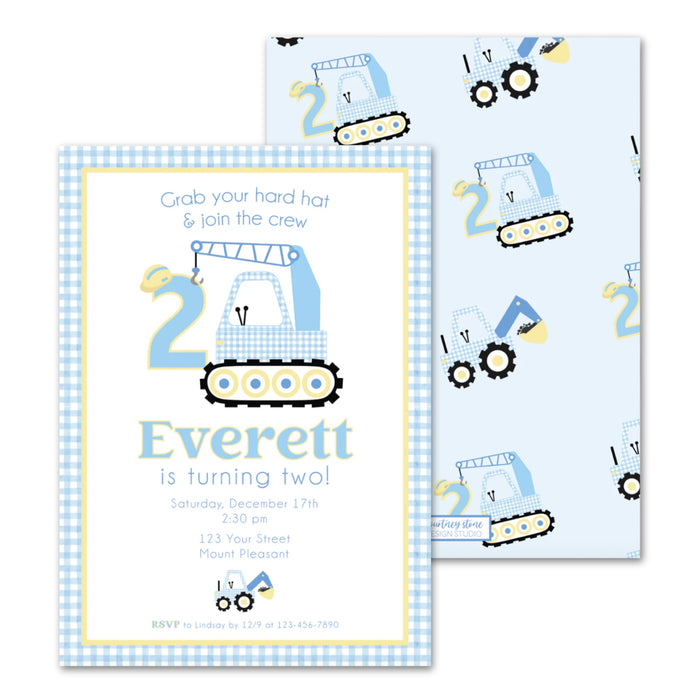 Gingham Construction Birthday Invitations