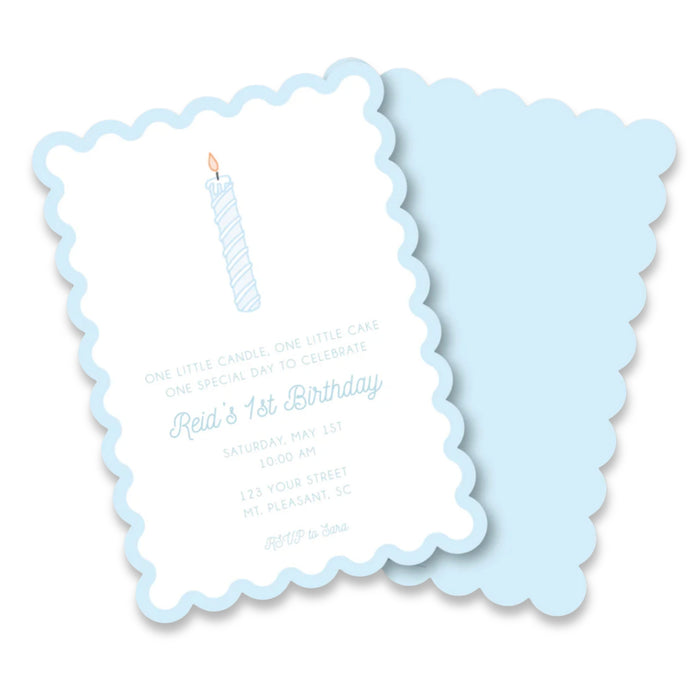 Blue Candle Birthday Invitations - Scallop Edge