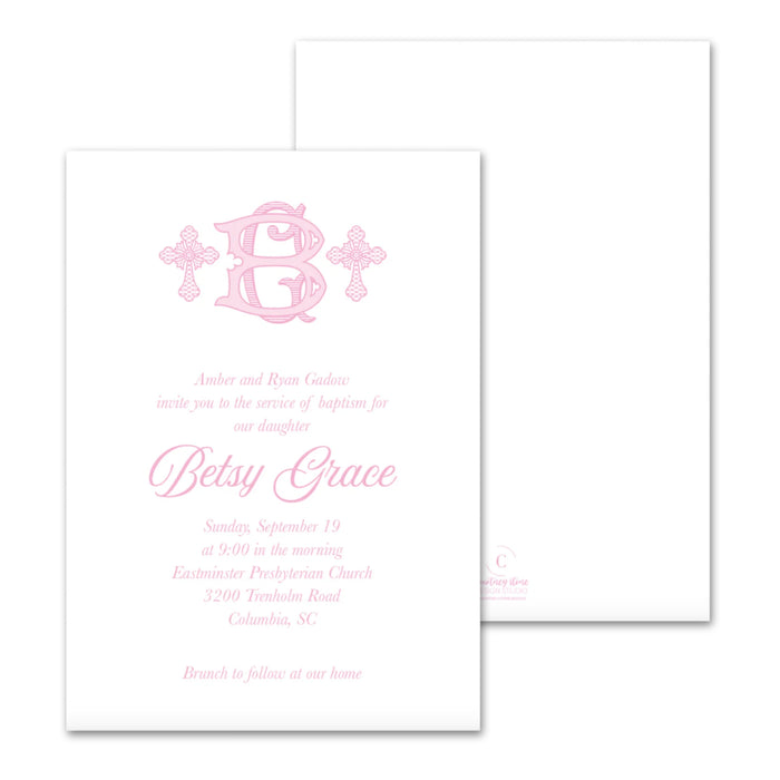 Monogram Cross Baptism Invitations - Pink