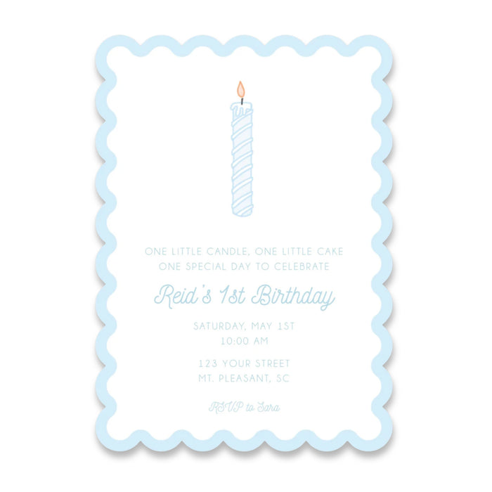 Blue Candle Birthday Invitations - Scallop Edge