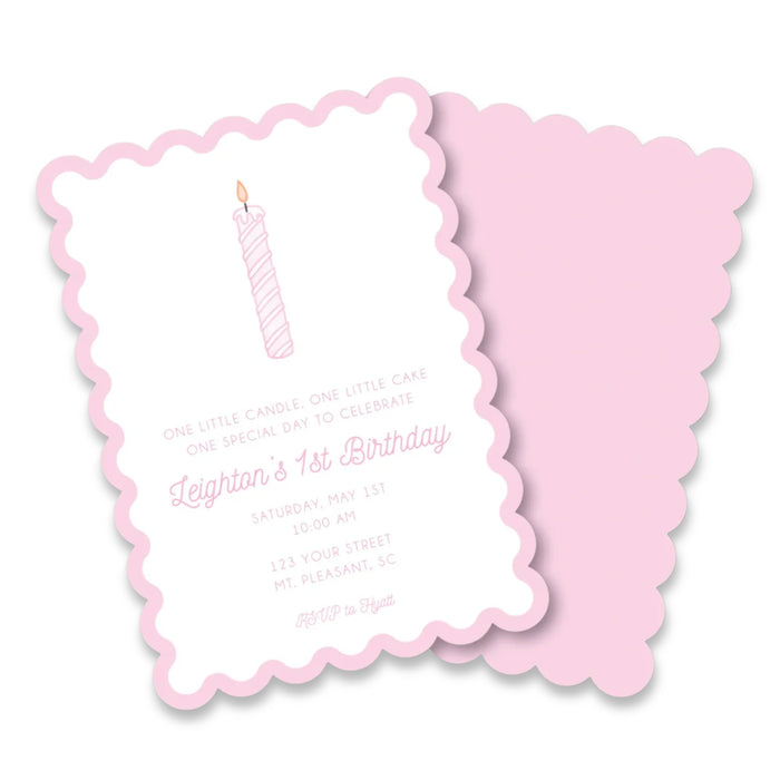 Pink Candle Birthday Invitations - Scallop Edge