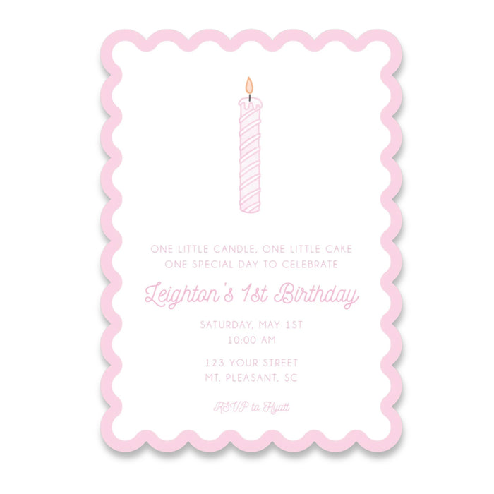 Pink Candle Birthday Invitations - Scallop Edge