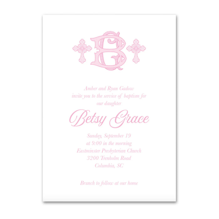 Monogram Cross Baptism Invitations - Pink