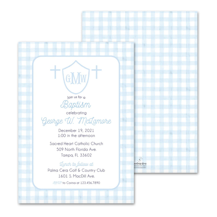 Blue Cross Crest Baptism Invitations