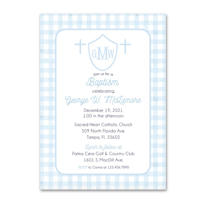 Blue Cross Crest Baptism Invitations