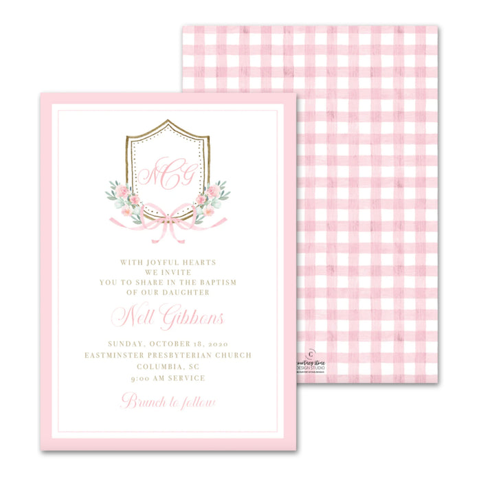 Pink Bow Crest Baptism Invitations