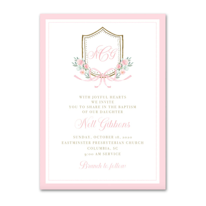 Pink Bow Crest Baptism Invitations