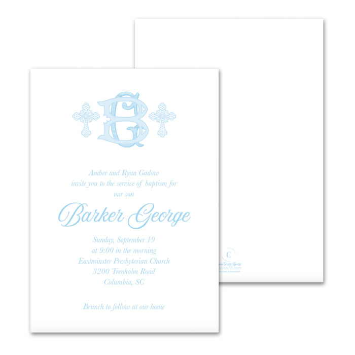 Monogram Cross Baptism Invitations - Blue