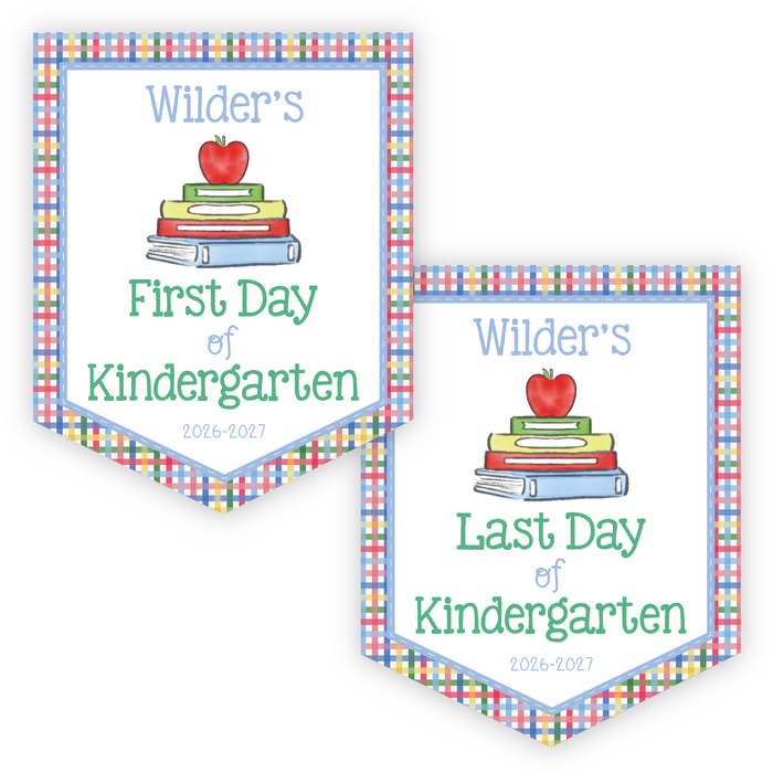Back To School Sign - Plaid Book Stack