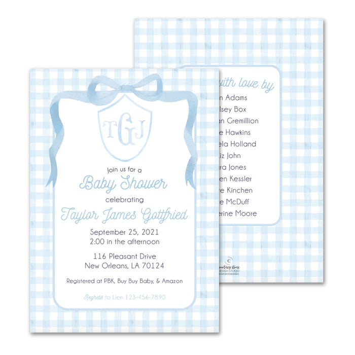 Blue Gingham Bow Shower Invitations