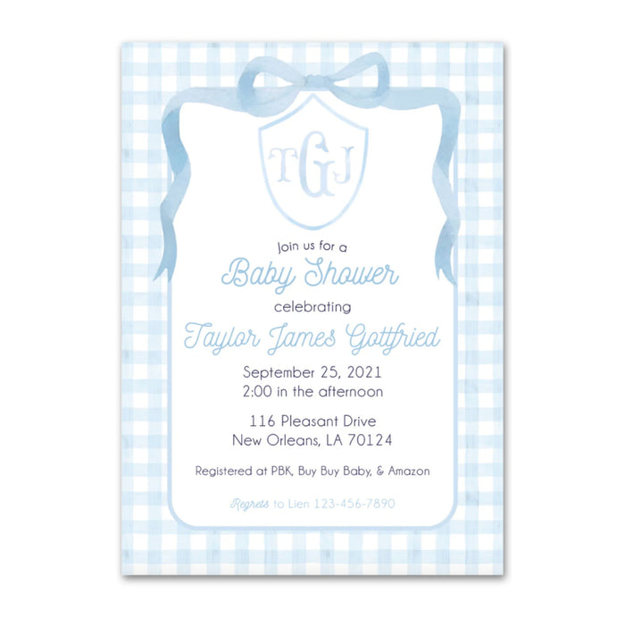 Blue Gingham Bow Shower Invitations