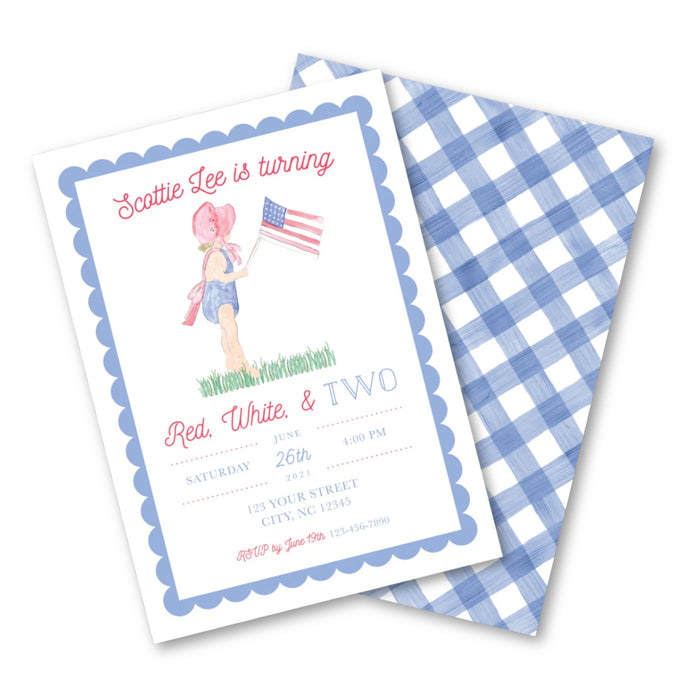 Patriotic Red, White, & TWO Birthday Invitations - Blonde