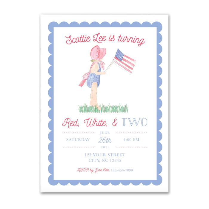 Patriotic Red, White, & TWO Birthday Invitations - Blonde
