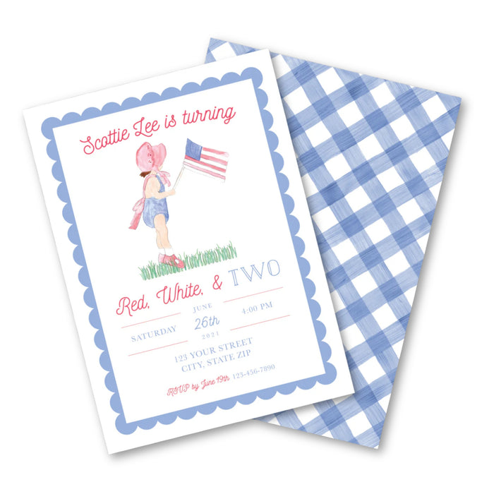 Patriotic Red, White, & TWO Birthday Invitations - Brunette