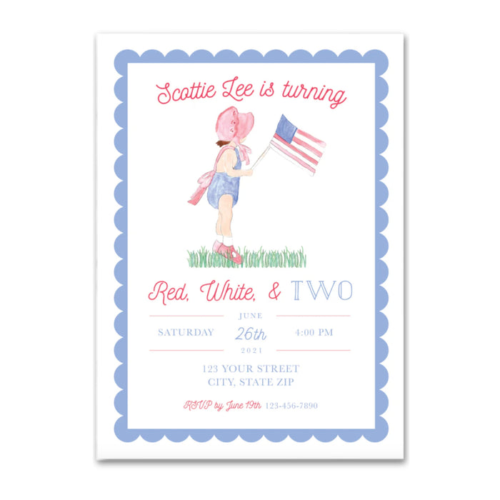 Patriotic Red, White, & TWO Birthday Invitations - Brunette