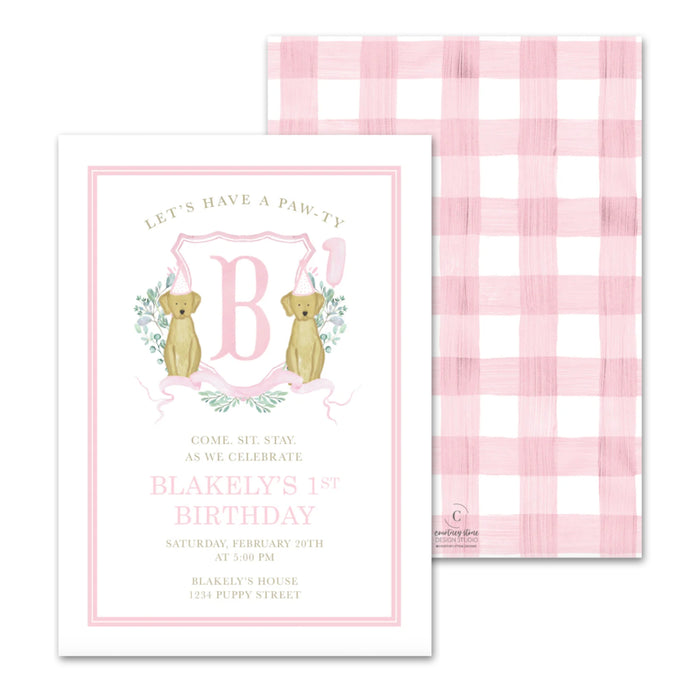 Puppy Crest Birthday Invitations - Pink