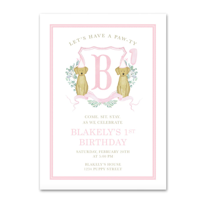 Puppy Crest Birthday Invitations - Pink