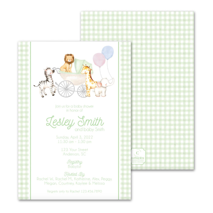Green Animal Baby Carriage Shower Invitations