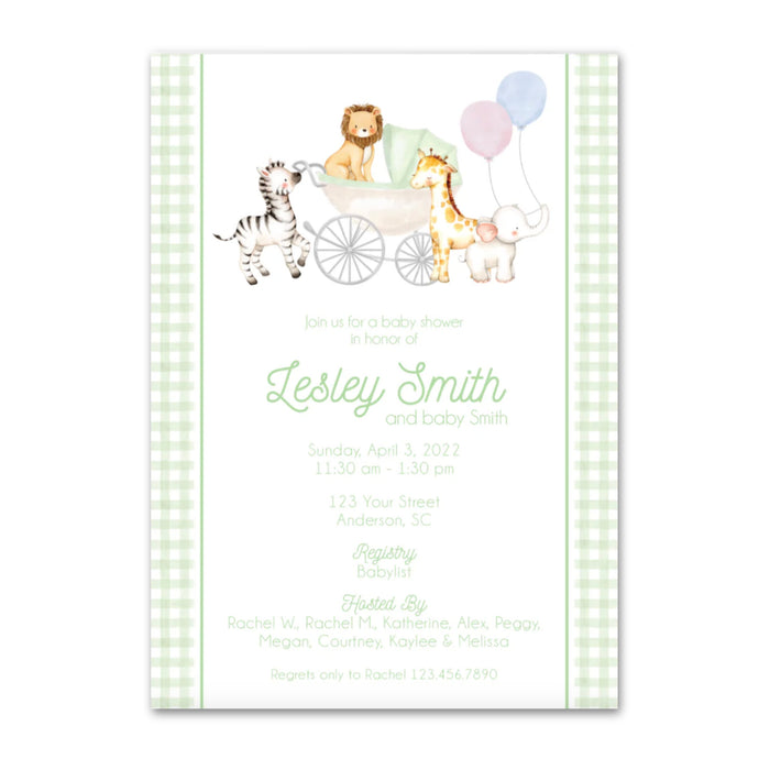 Green Animal Baby Carriage Shower Invitations