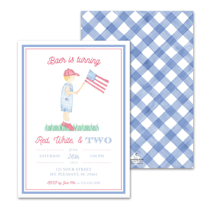 Patriotic Red, White, & TWO Birthday Invitations - Boy