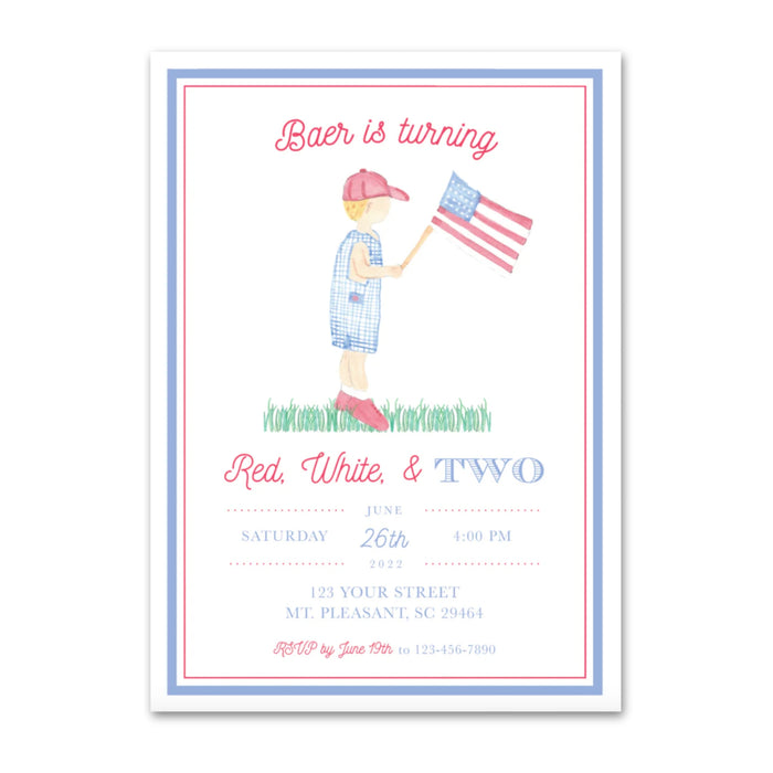 Patriotic Red, White, & TWO Birthday Invitations - Boy