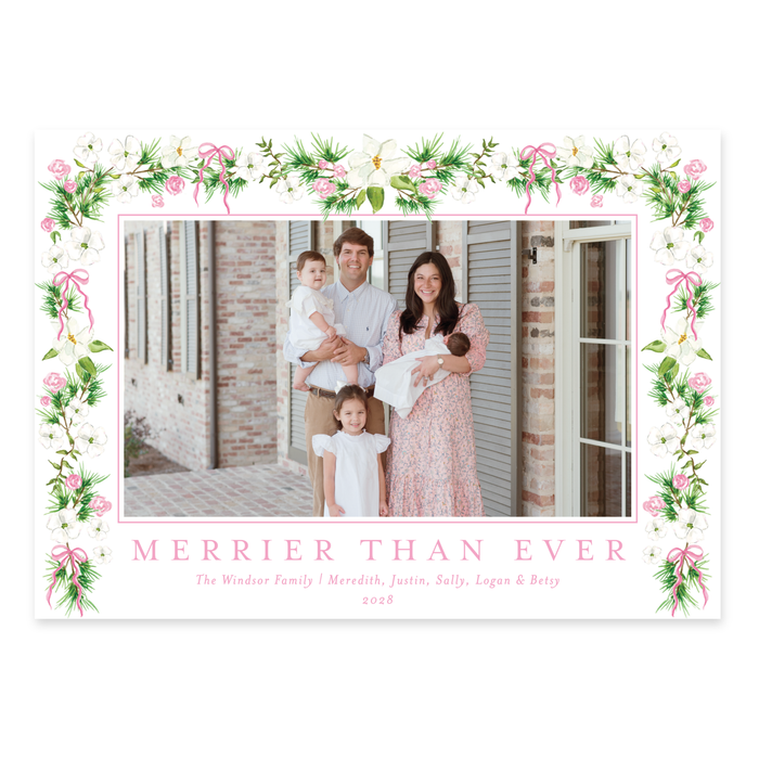 Dogwood Garland Holiday Card - Horizontal - Pink
