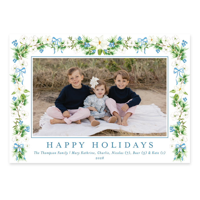 Dogwood Garland Holiday Card - Horizontal - Blue