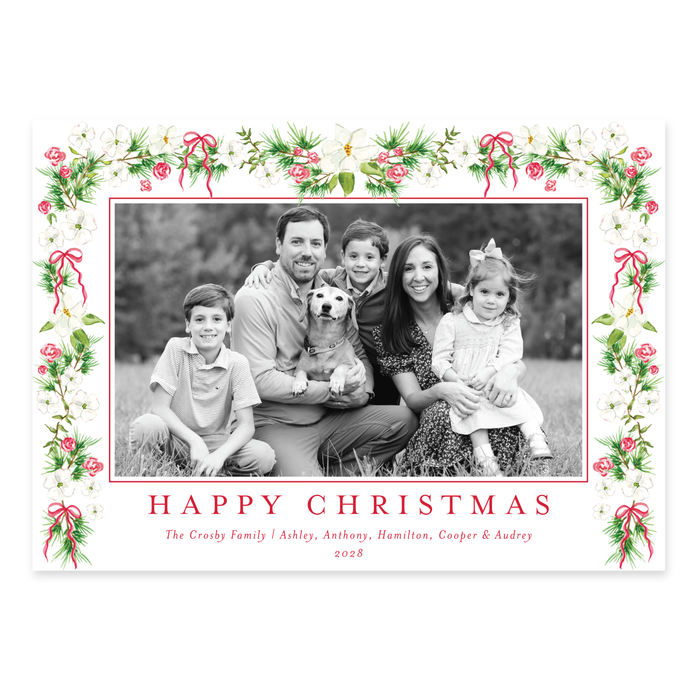 Dogwood Garland Holiday Card - Horizontal - Red