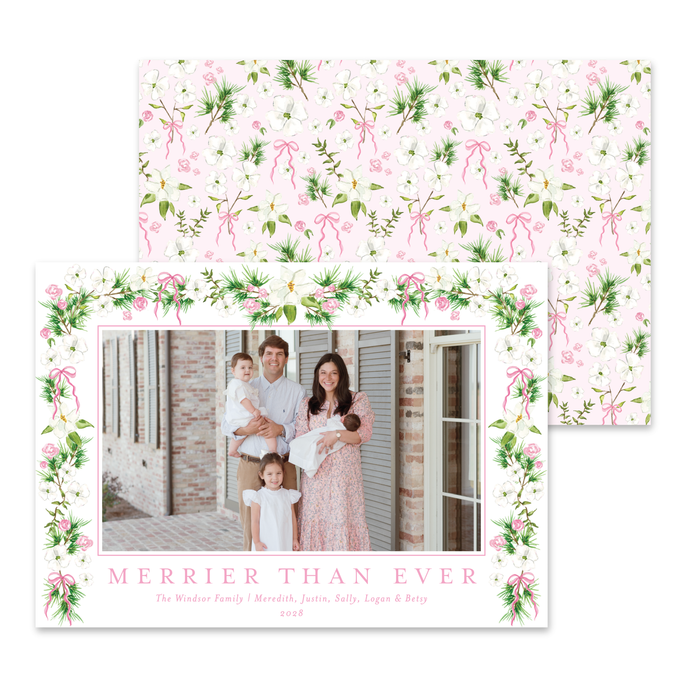 Dogwood Garland Holiday Card - Horizontal - Pink