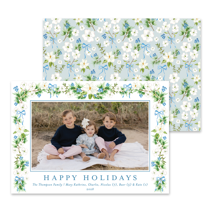 Dogwood Garland Holiday Card - Horizontal - Blue