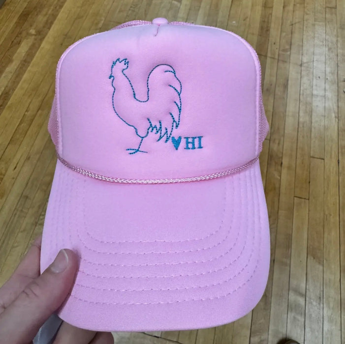 HI Rooster Hat - Pink with Teal Thread
