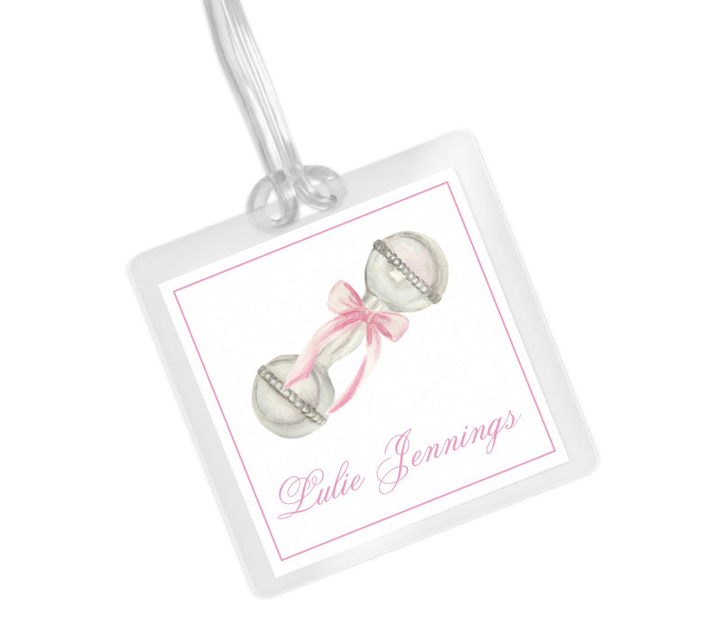 Laminated Bag Tag - Pink Rattle