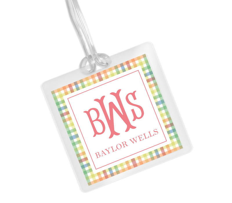 Laminated Bag Tag - Primary Plaid Monogram