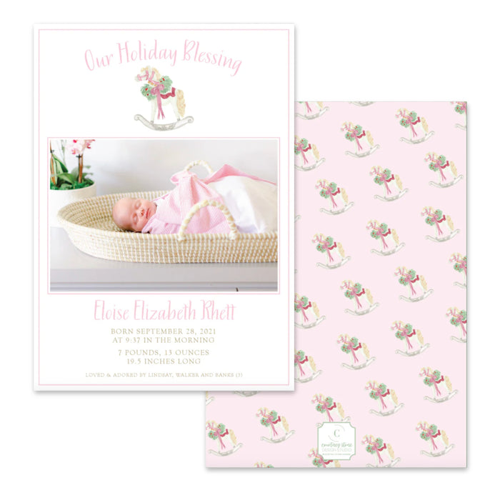 Pink Rocking Horse Announcement Holiday Card