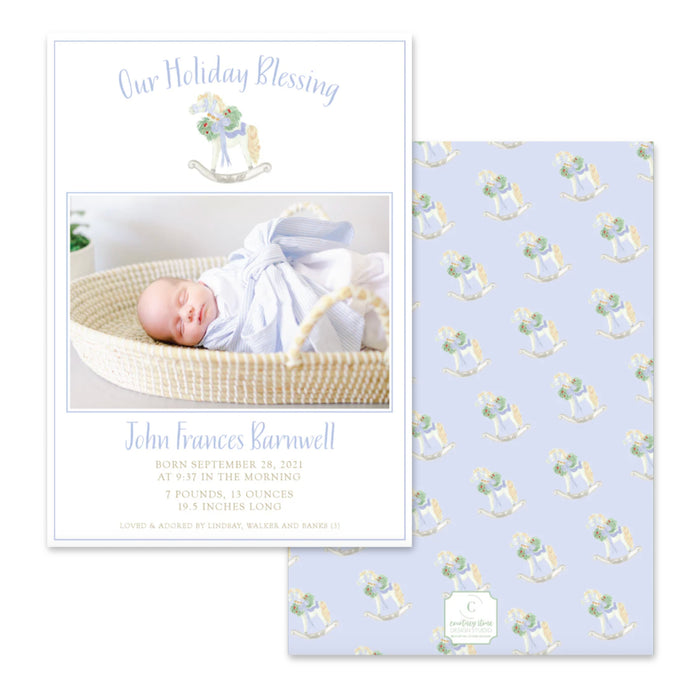 Blue Rocking Horse Announcement Holiday Card