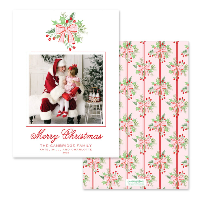 Pink Holly Bow Holiday Card