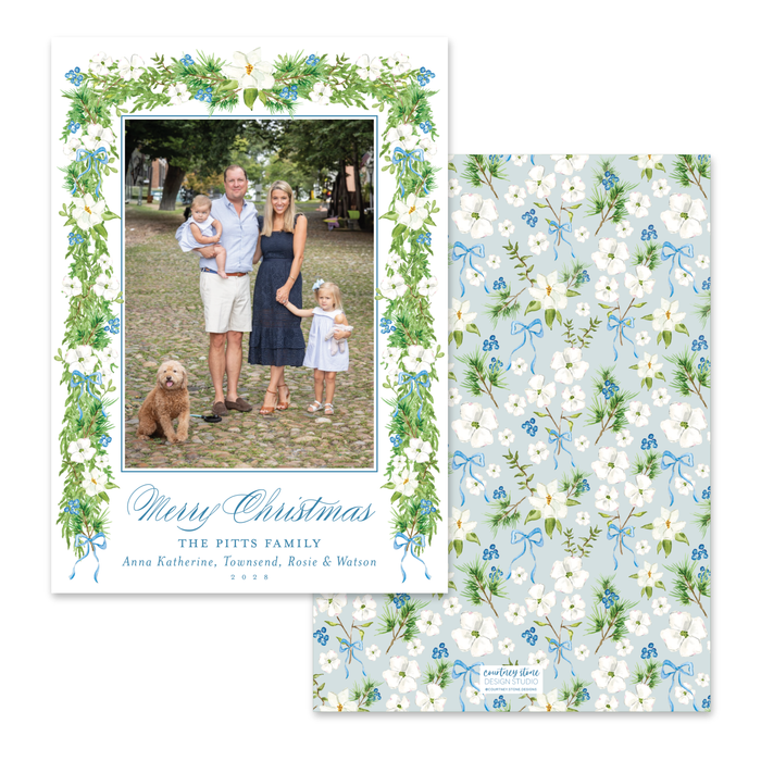 Dogwood Garland Holiday Card - Blue