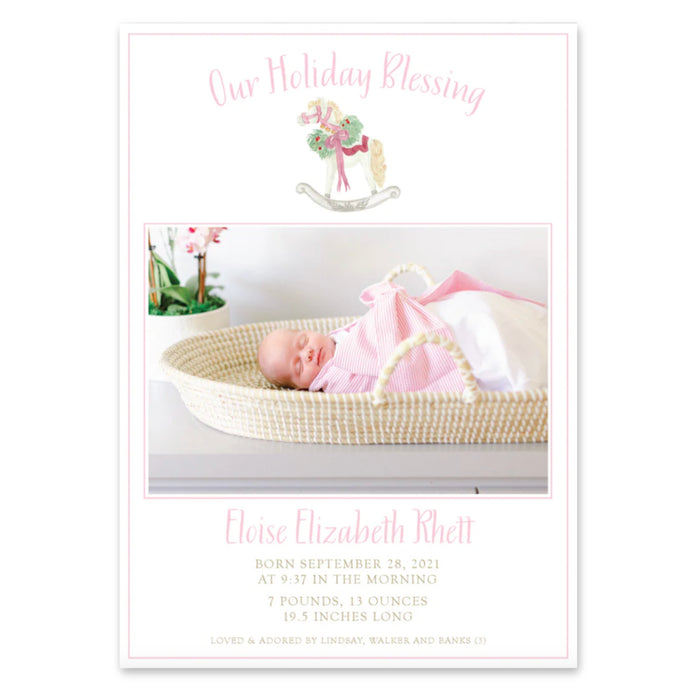 Pink Rocking Horse Announcement Holiday Card