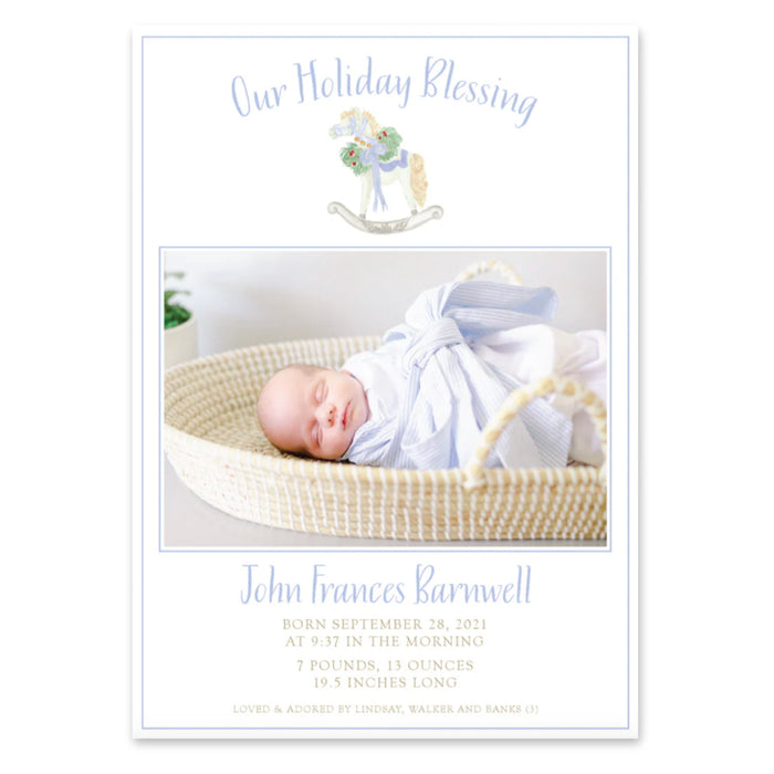 Blue Rocking Horse Announcement Holiday Card