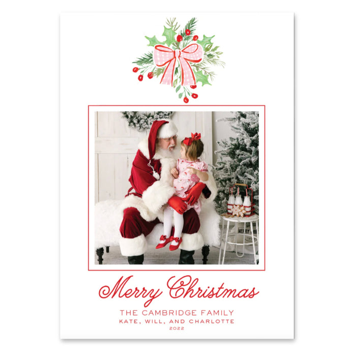 Pink Holly Bow Holiday Card