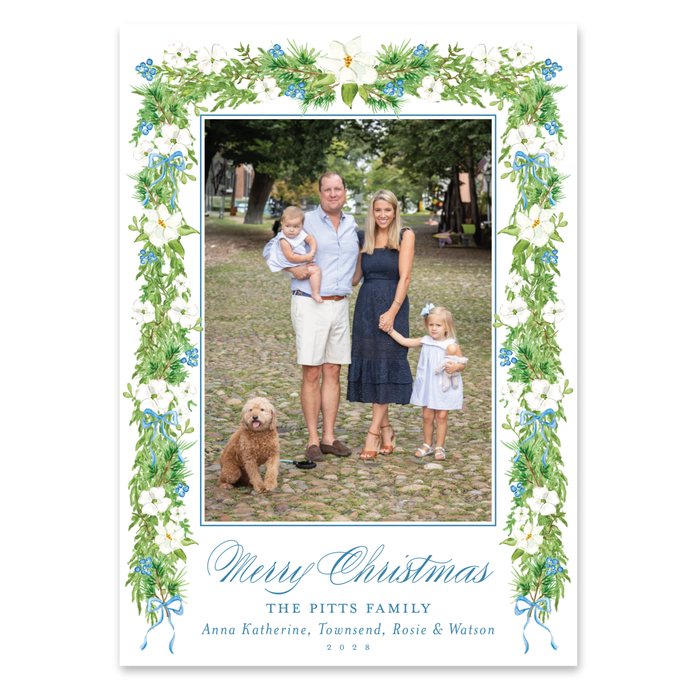 Dogwood Garland Holiday Card - Blue