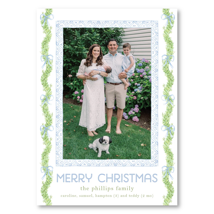 Blue Bow Boxwood Holiday Card - Vertical