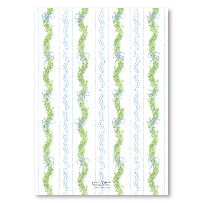 Blue Bow Boxwood Holiday Card - Vertical