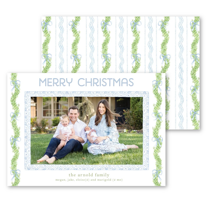 Blue Bow Boxwood Holiday Card - Horizontal